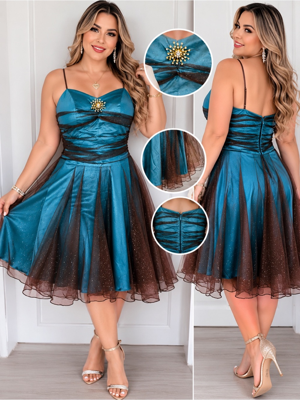 Teal and Brown Sparkle A-Line Party Dress